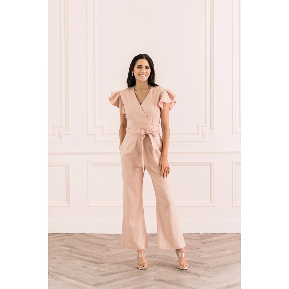 Rachel Parcell Flutter Sleeve Linen Blend Wrap Jumpsuit Blush Pink Womens Medium